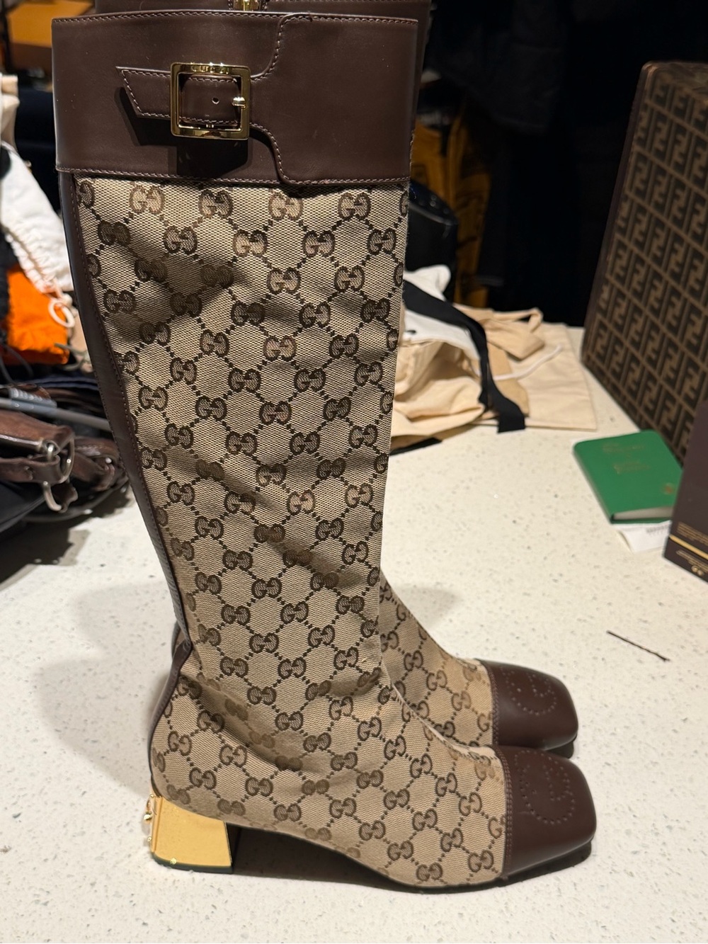 Gucci Beige Monogram Brown Leather Knee Boots with Gold padlock Heel Rare sample